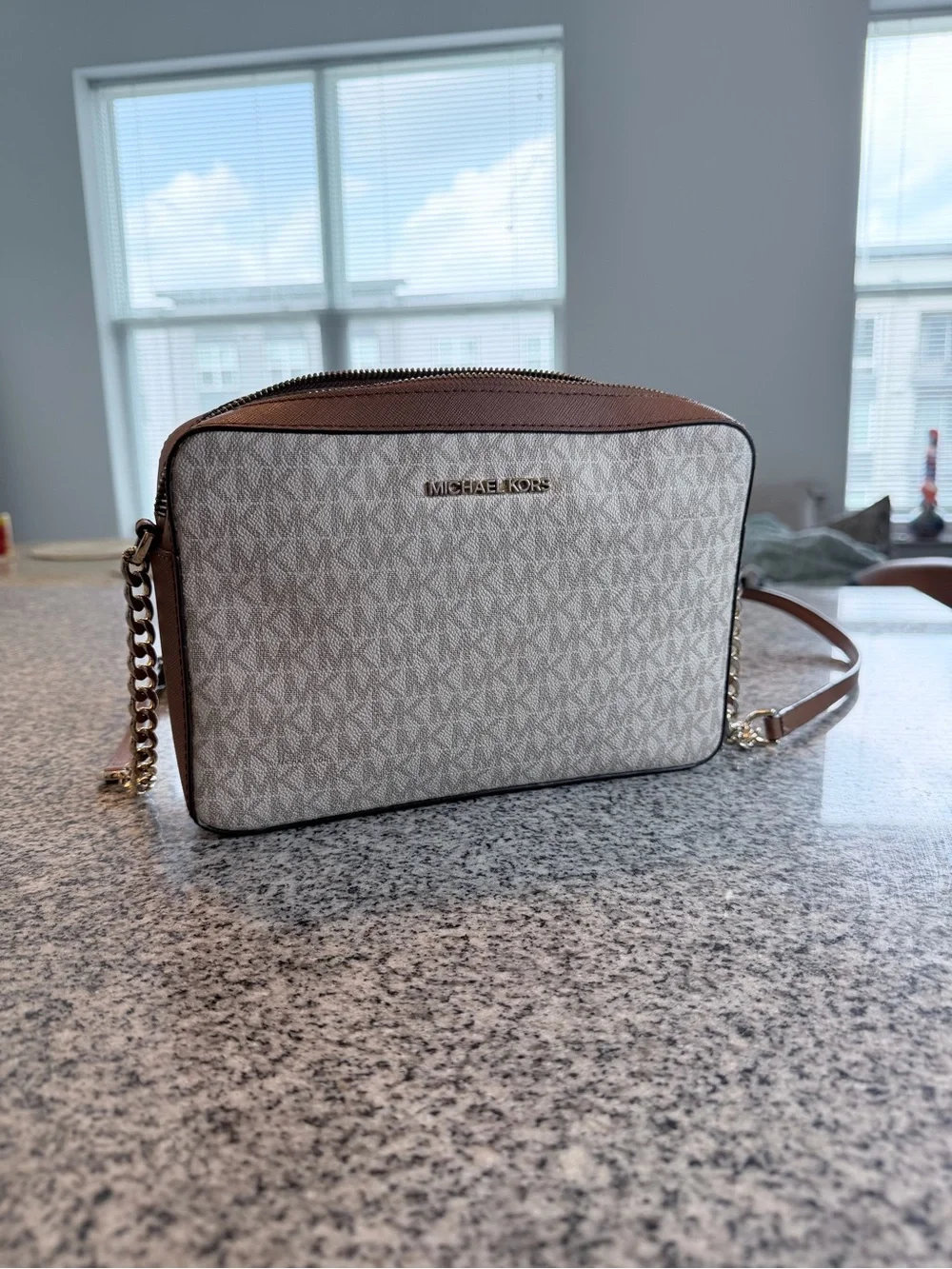 Michael Kors Beige Signature Belt Bag with Brown Trim